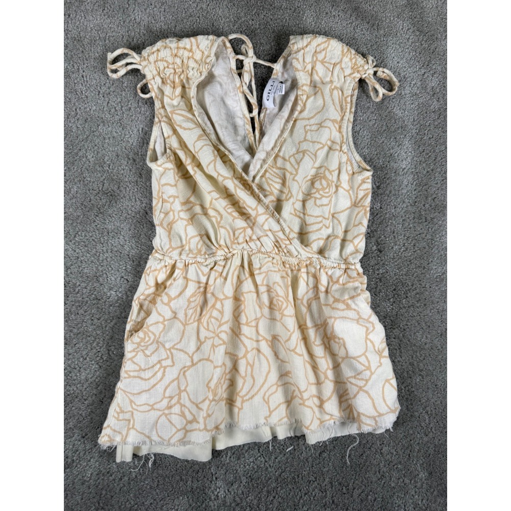 Gilli Womens Small Cream Tan Floral Surplice Tie Shoulder Sleeveless Top Pockets